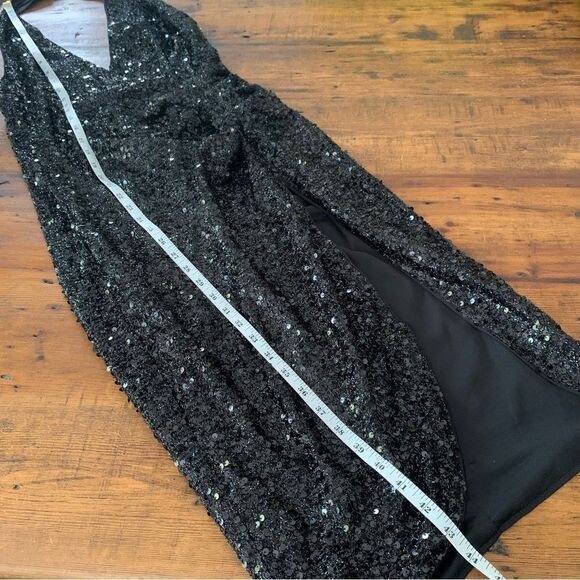 Fashion Nova Faux Wrap Black Sequin Front Slit Halter Dress Open Back Sz M - Picture 8 of 9